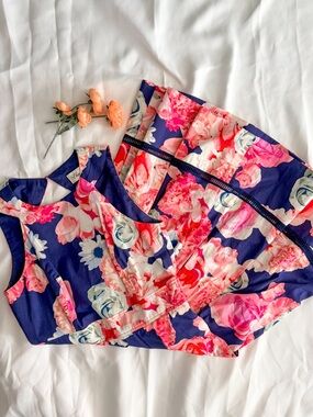 Eliza J Floral Fit & Flare Dress Navy Pink Pockets Cutout Back Size 4